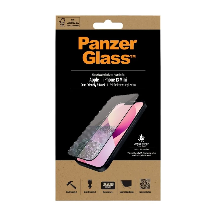 PanzerGlass iPhone 13 Mini Case Friendly antibakteerinen näytön suojalasi, musta