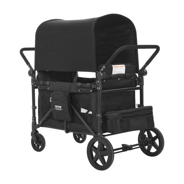 VEVOR Wagon Stroller for 4 Kids, Push Pull Quad Collapsible Stroller with Adjustable Handle, Safety Harness & Removable Canopy, 4-Seater Stroller Wagon for Camping, Dark Gray & Black (330LBS Loading)