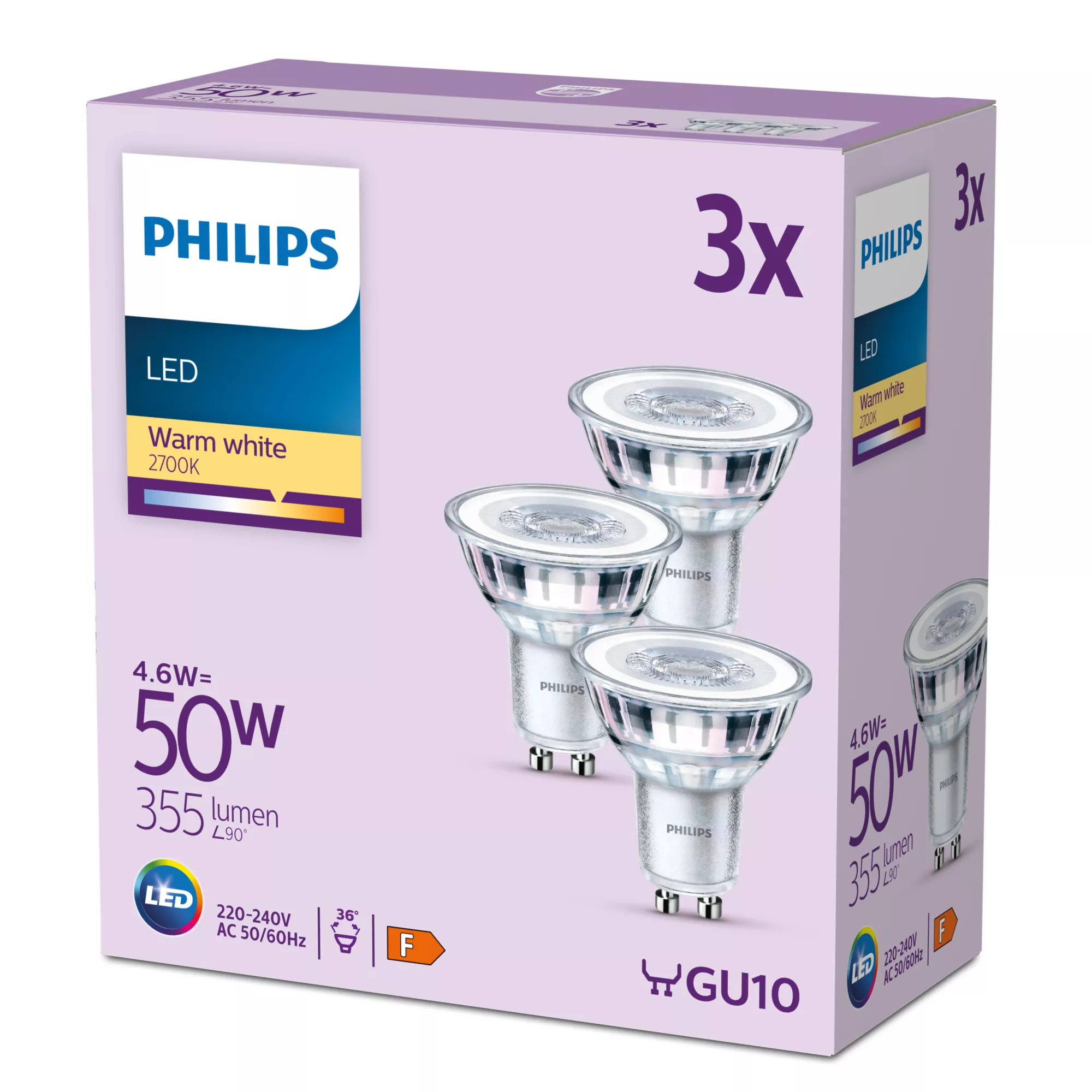 Philips LED-lamppu LED-klassikko 4,6 W / 827 (50 W) kolmen pakkaus GU10