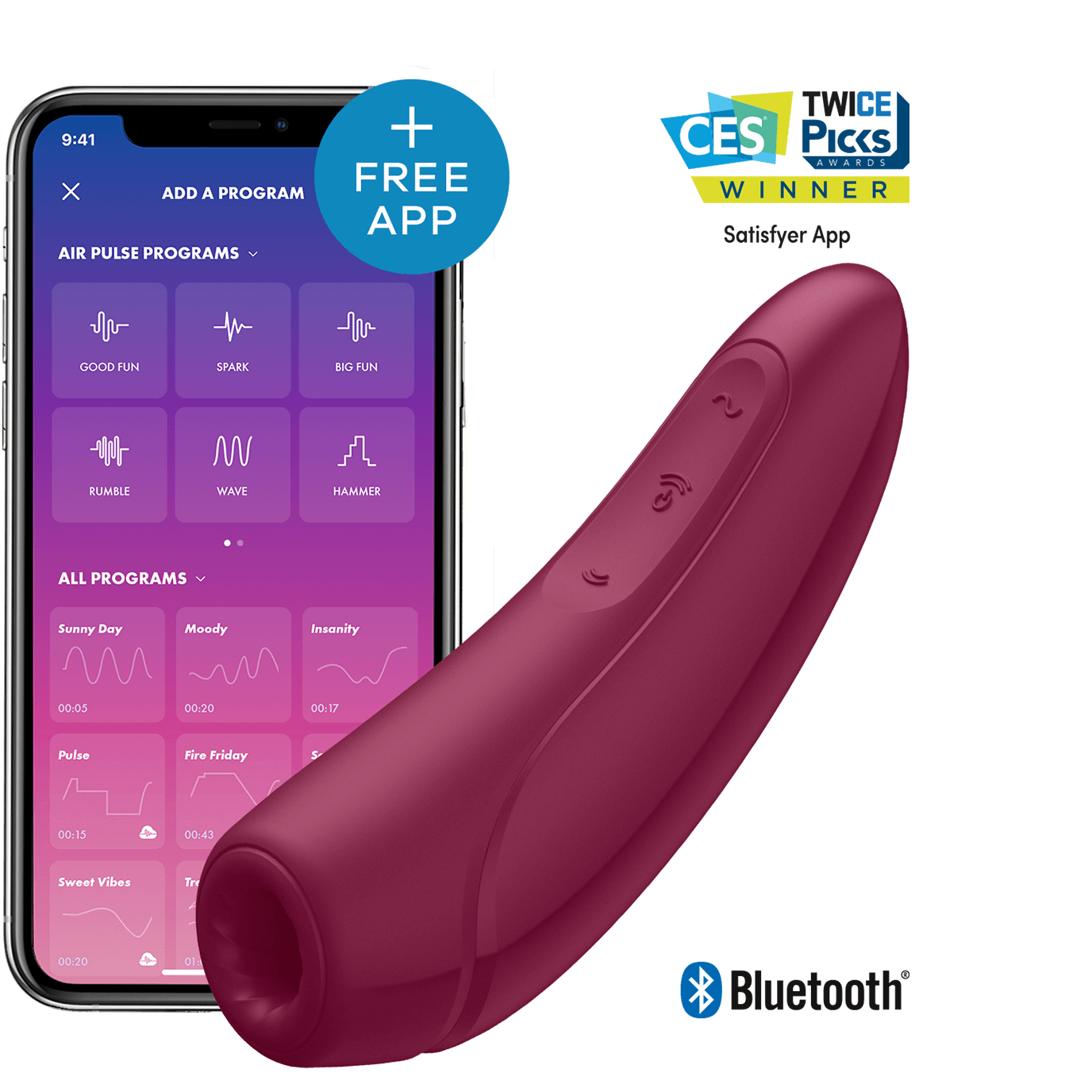 Satisfyer Curvy 1+ Rose Red Sovelluksella ohjattava ilmanpaine vibraattori