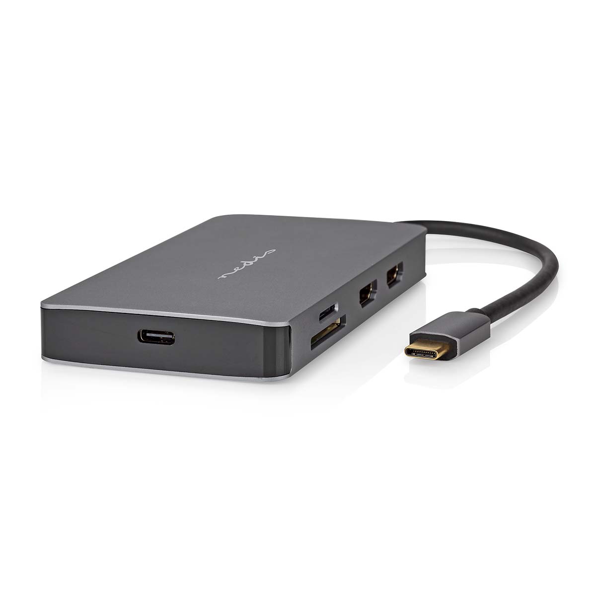 Nedis USB N Moniporttisovitin | 7-in-1 | USB 3.2 Gen 1 | USB-CTM Uros | Micro SD / RJ45 Naaras / SD / USB-CTM Naaras / 2x HDMITM / 2x USB-A Naaras | 5 Gbps | 0.20 m | Pyöreä | Kullattu | PVC | Antrasiitti | Laatikko