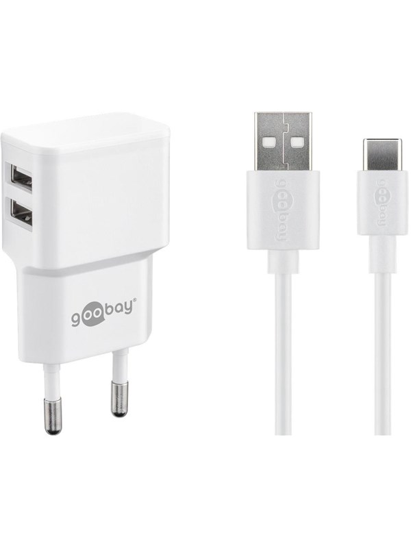 Goobay USB-CTM Dual Charging Kit (12 W) Virtalähde, jossa on 2x USB-liitäntää ja 1 m:n USB Type-CTM -kaapeli (valkoinen)