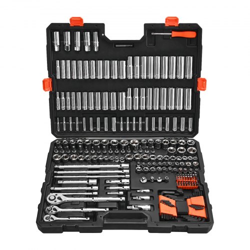 VEVOR Socket Set, 225 Pieces, 9.5 & 6.4 & 12.7 mm Drive Socket and Ratchet Set, SAE and Metric, Deep and Shallow, Mechanic Tool Kit with Bits, Accessories, Storage Case, CR-V Alloy Steel, for Repair