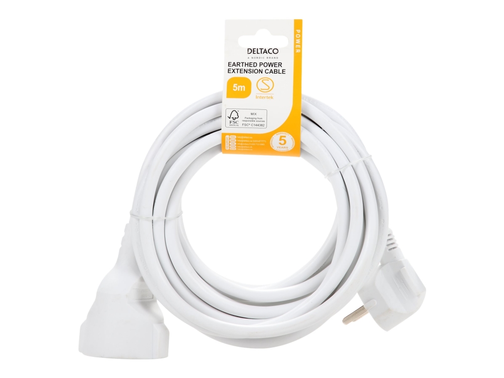 Deltaco GT-0901, 5 m, Sisätila, Kulmikas, Valkoinen, Universaali, FSC - certified packaging Tested and certified by Intertek
