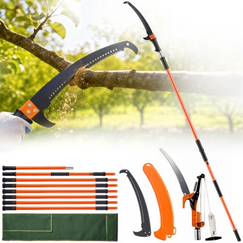 VEVOR Manual Pole Saw, 2.2-8.2 m Extendable Tree Pruner, Sharp Steel Blade and Scissors High Branches Trimming, Branch Trimmer with Lightweight 2.4 m Fiberglass Handles, for Pruning Palms and Shrubs