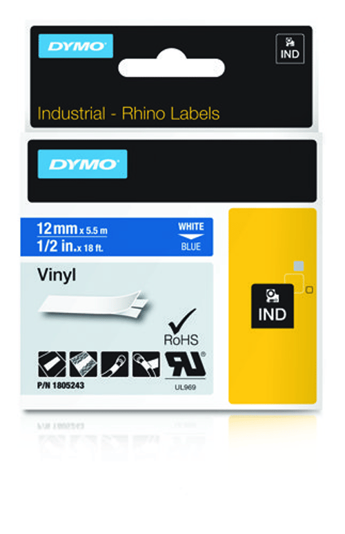 DYMO Rhino -vinyyliteipit, 12 mm x 5,5 m, valkoinen / sininen, itseliimautuva