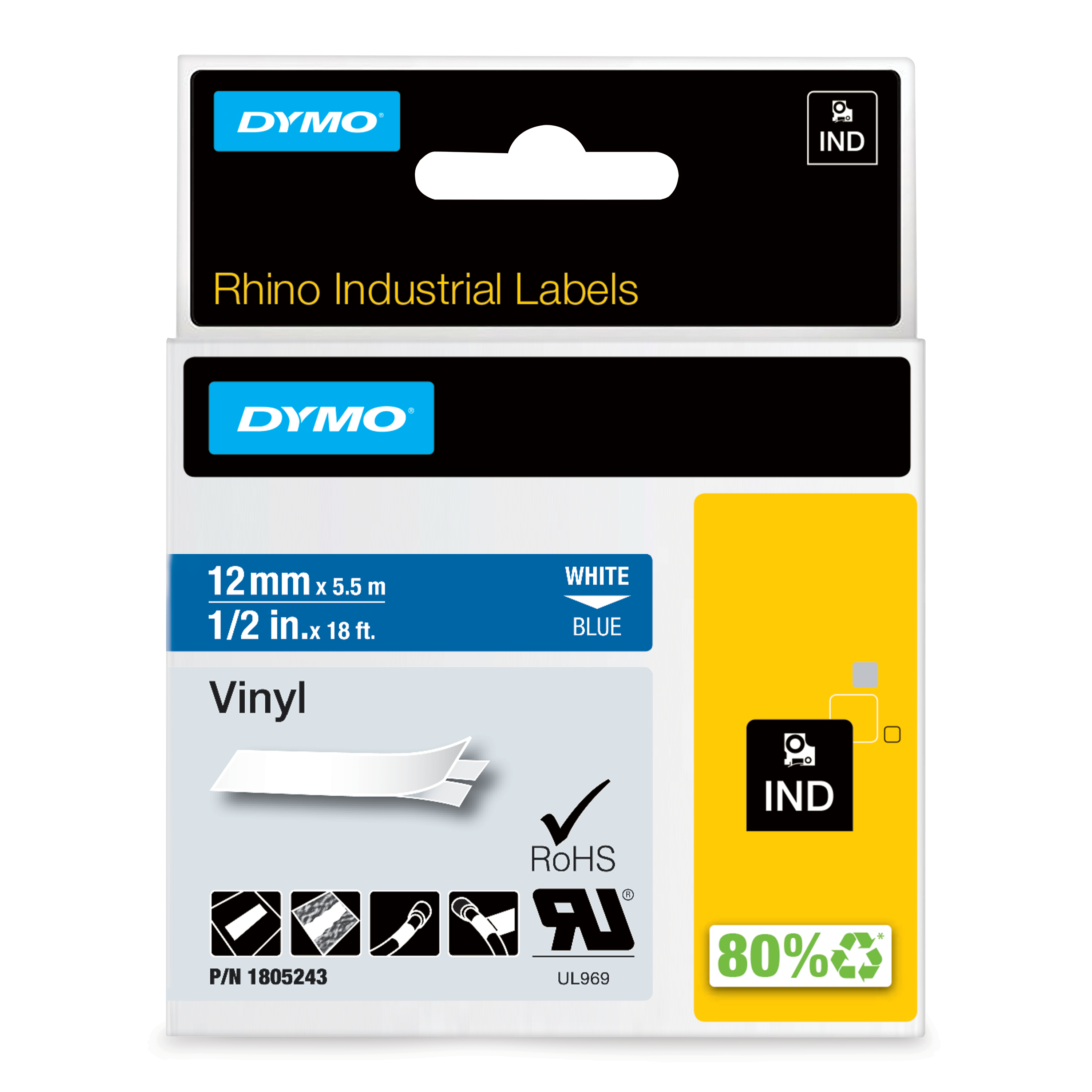 DYMO Rhino -vinyyliteipit, 12 mm x 5,5 m, valkoinen / sininen, itseliimautuva