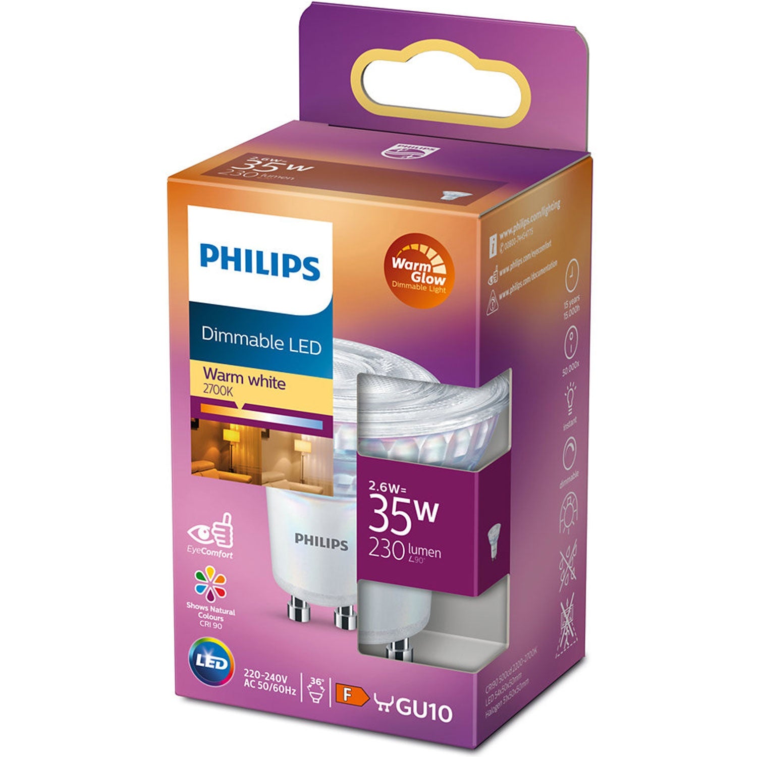 Philips Warm Glow LED -spottilamppu, GU10, 2200-2700 K, 230 lm, himmennettävä