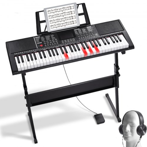 VEVOR 61 Key Digital Keyboard Piano, Lighted Keys, Electric Portable Piano with Adjustable Stand 600 Tones 500 Rhythms Built-In Speakers Sustain Pedal Headphones, USB MIDI for Beginners