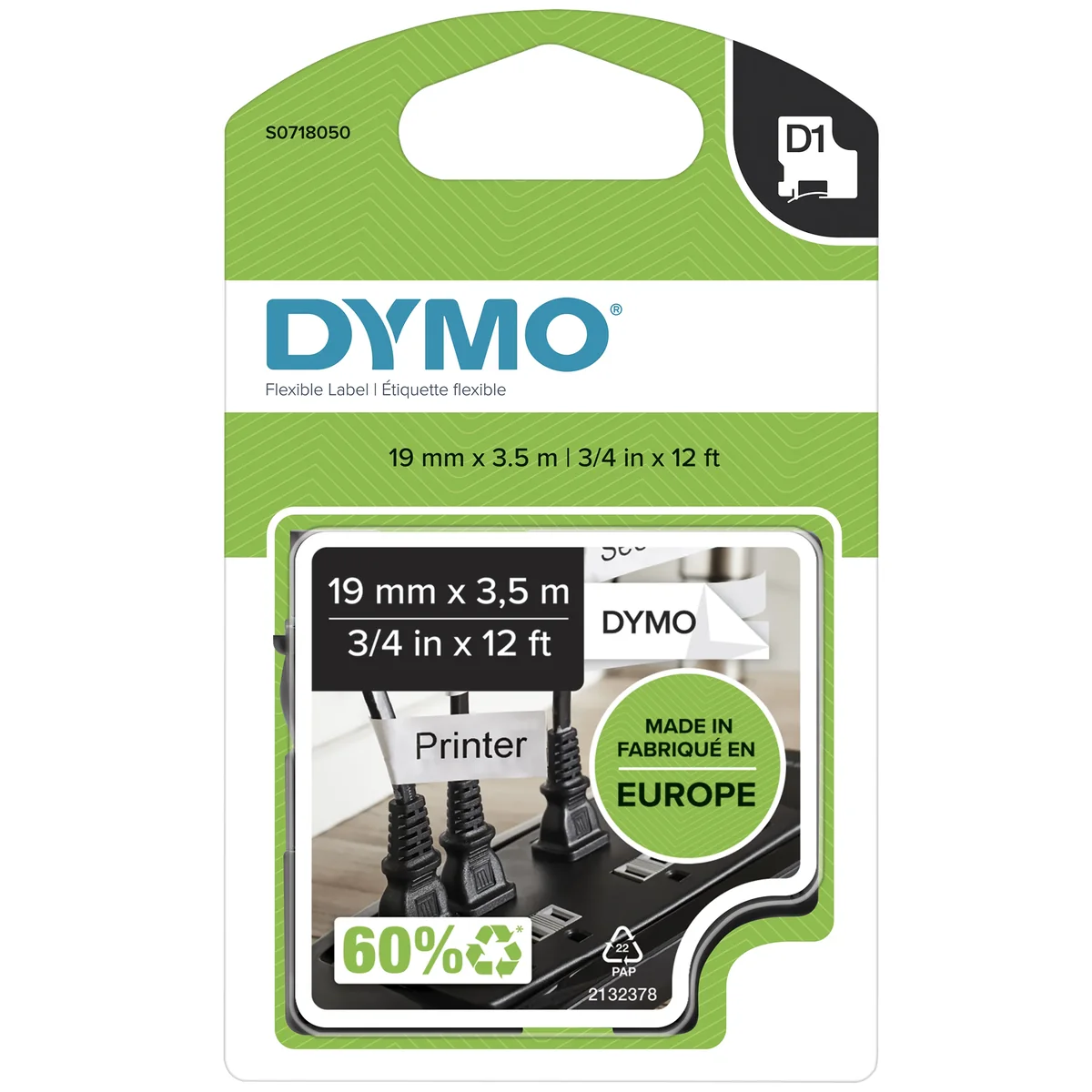 DYMO D1 -joustavat nylon teipit, 12 mm x 3.5 m, musta teksti valkoiselle, itseliimautuvat teipit LabelManager-tarratulostimille, aito