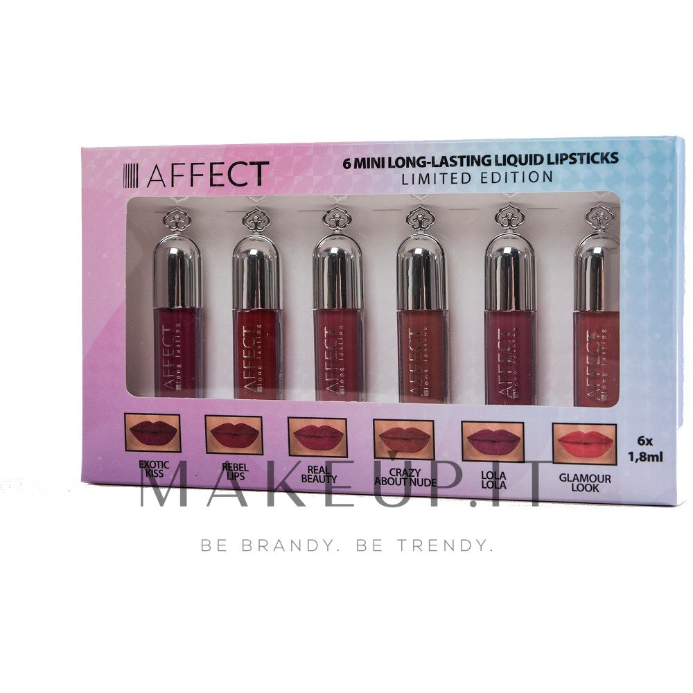 Affect 6 Mini setti pitkäkestoista nestemäistä huulipunaa 6× 1,8 ml