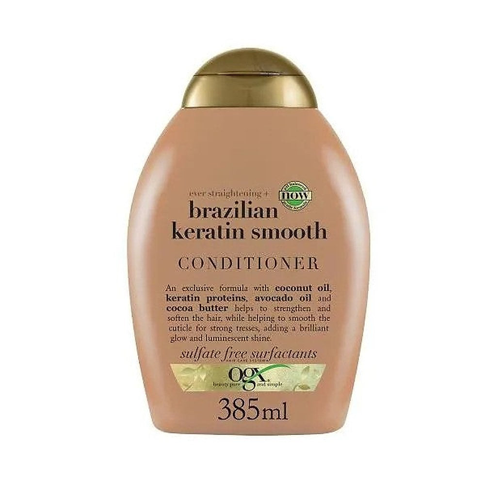 OGX Brazilian Keratin Smooth Smooth Hoitoaine kiiltäville ja pehmeille hiuksille 385ml