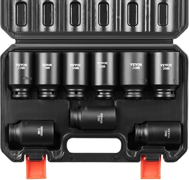 VEVOR 1/2" Drive Impact Socket Set, 9 Piece Deep Socket Set Metric 29-38mm, 6 Point Cr-Mo Alloy Steel for Auto Repair, Easy-to-Read Size Markings, Rugged Construction, Includes Storage Case