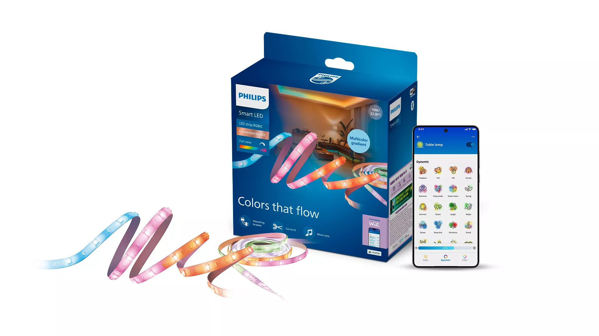 Philips RGBIC-älyvalonauha, 2 x 5 m, tyyppi C, Connected by WiZ, Älyvalonauha, Wi-Fi/Bluetooth, Valkoinen, Wi-Fi 4 (802.11n), 802.11b, 802.11g, LED, Muovi