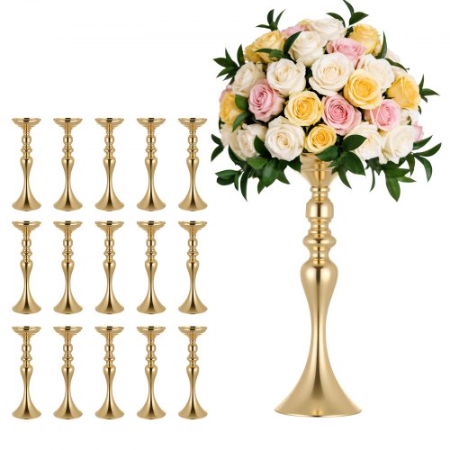 VEVOR 16 PCS Wedding Flower Vase, 38 cm Tall Flower Table Centerpieces, Crystal Banquet Vases Easy Installation, Electroplated Versatile Arrangement Stand for Party Events Home Decor Reception, Gold