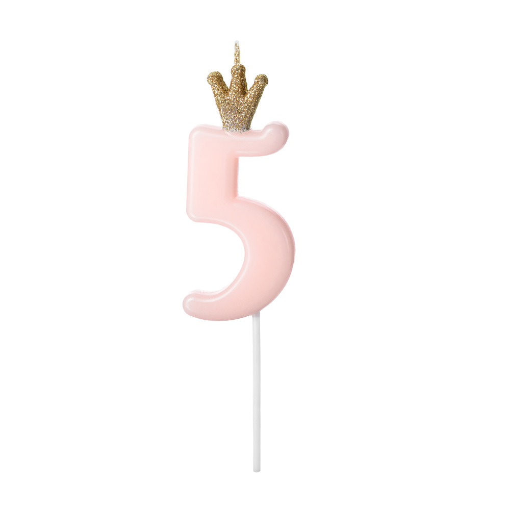 Vaaleanpunainen Kruunullinen Numerokakkukynttilä - Numero 5
