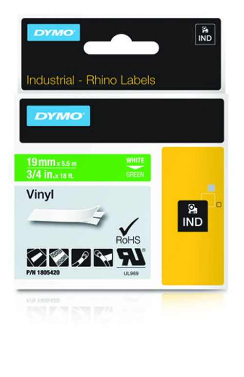 DYMO Rhino -vinyyliteipit, 19 mm x 5,5 m, valkoinen / vihreä, itseliimautuva