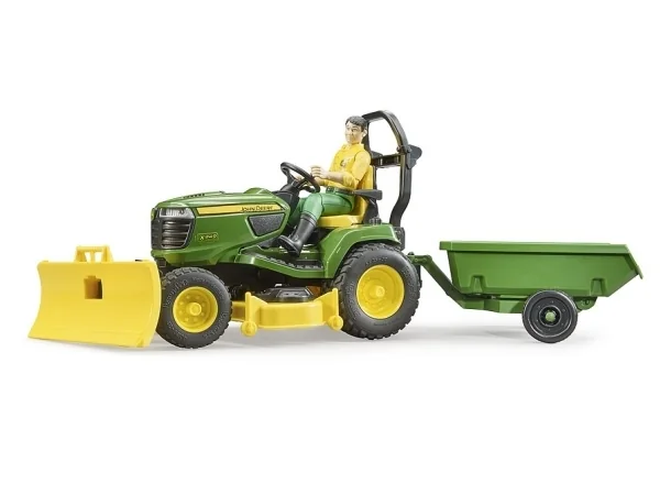 Bruder - bworld John Deere ajettava ruohonleikkuri, perävaunu + puutarhurin lisälaite