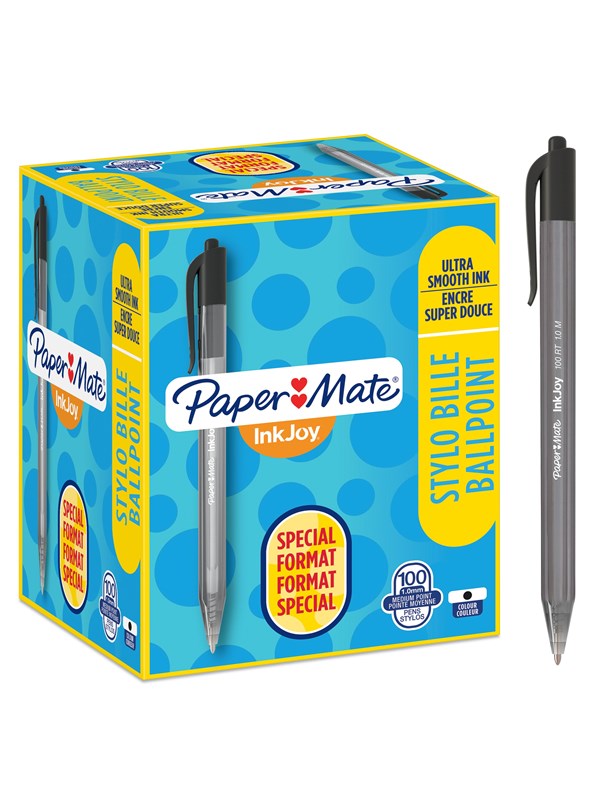 Paper Mate Mekanismilla toimivat InkJoy 100RT -kuulakärkikynät | Keskikokoinen kärki (1,0 mm) | Musta | 100 kpl