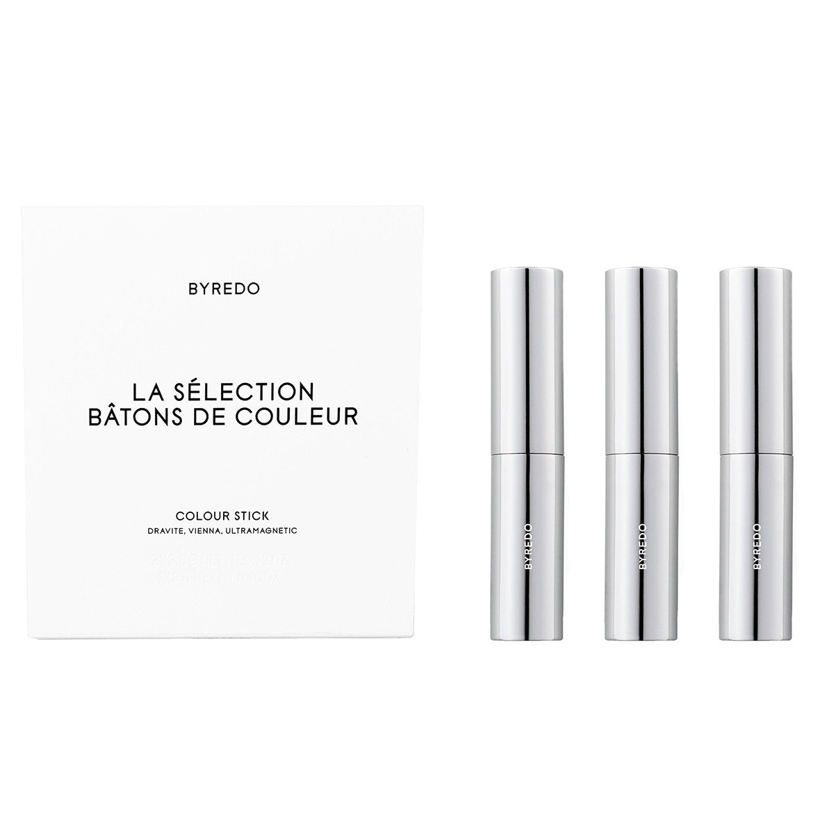 Setti Byredo: Color Stick, Monikäyttöinen, Luomiväristikku, Dravite, 3,5 g + Color Stick, Monikäyttöinen, Luomiväristikku, Vienna, 3,5 g + Color Stick