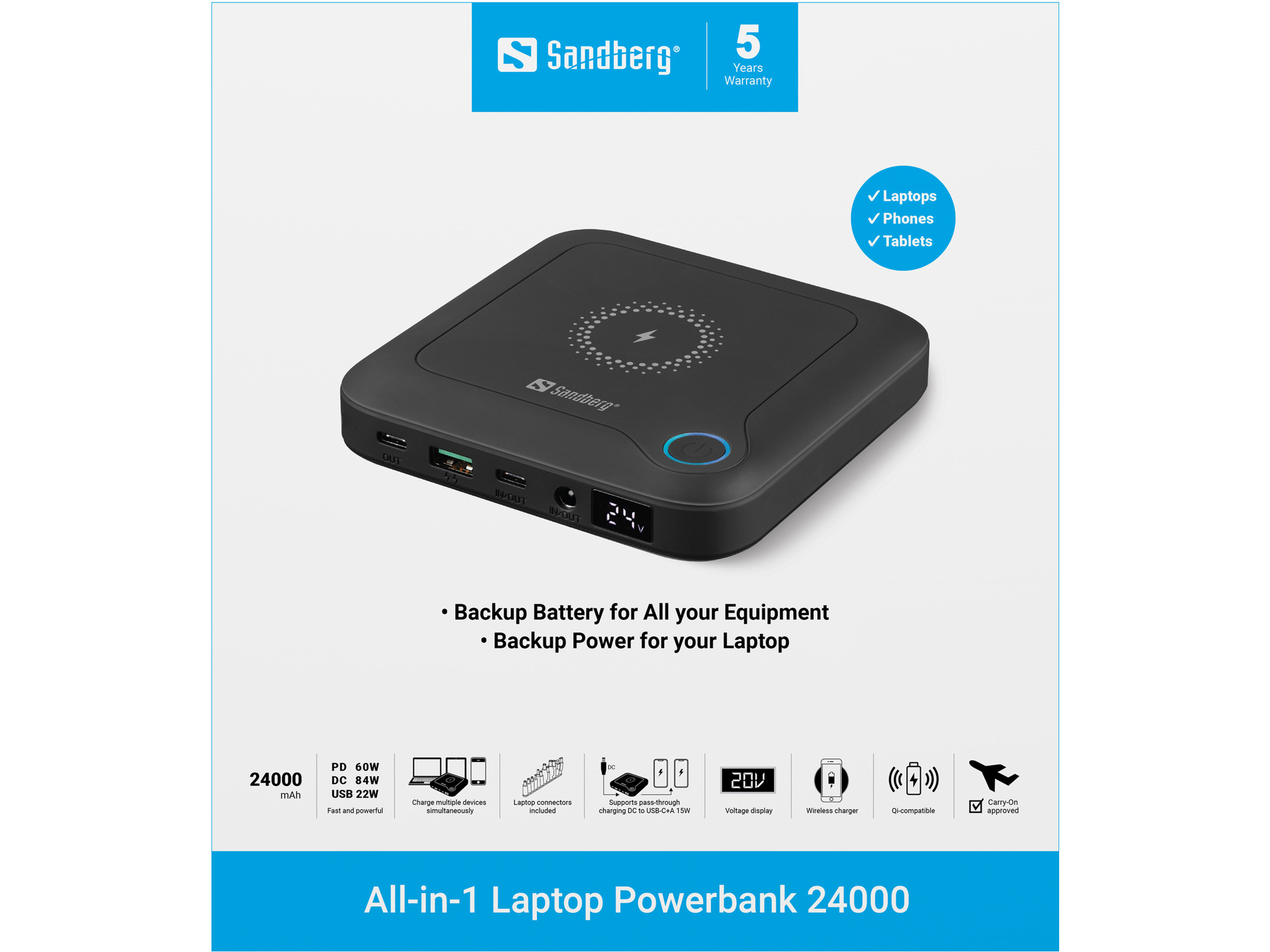 Sandberg All-in-1 - Teho bank - 24000 mAh - 24000 mAh