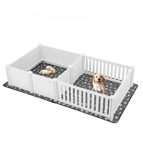 VEVOR Dogs Whelping Box, 93.3x48.4x18.1 inch, Plastic PVC Puppies Playpen with Height Adjustable Door and Washable Pee Pad, 2-Room Layout Indoor Puppy Play Pen for Extra Large Breed Dogs, Milk White