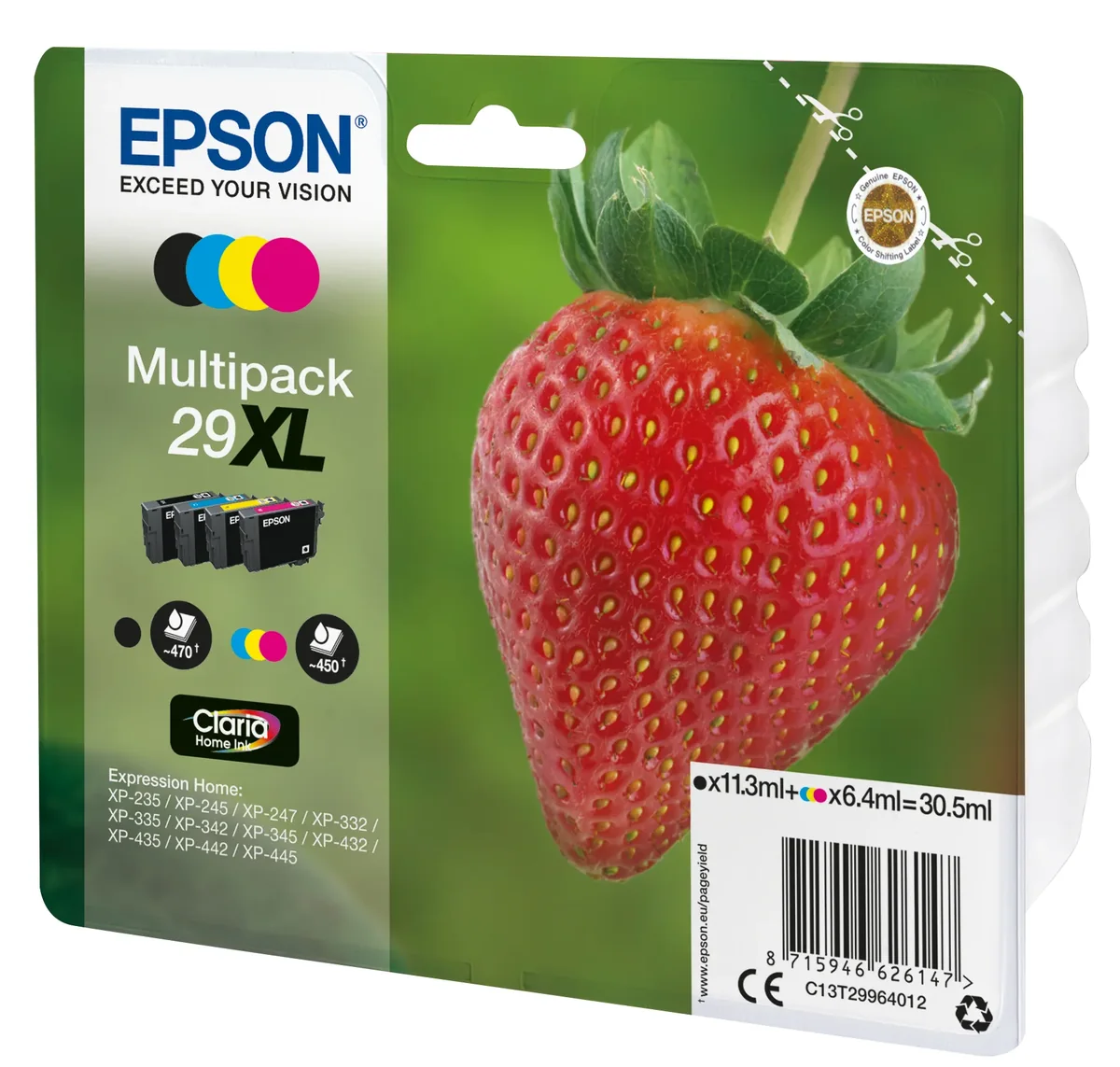 Epson Strawberry Multipack 4-colours 29XL Claria Home Ink, High (L) Yield, Musta, Syaani, Magenta, Keltainen, 11,3 ml, 6,4 ml, 1 kpl, 470 sivua