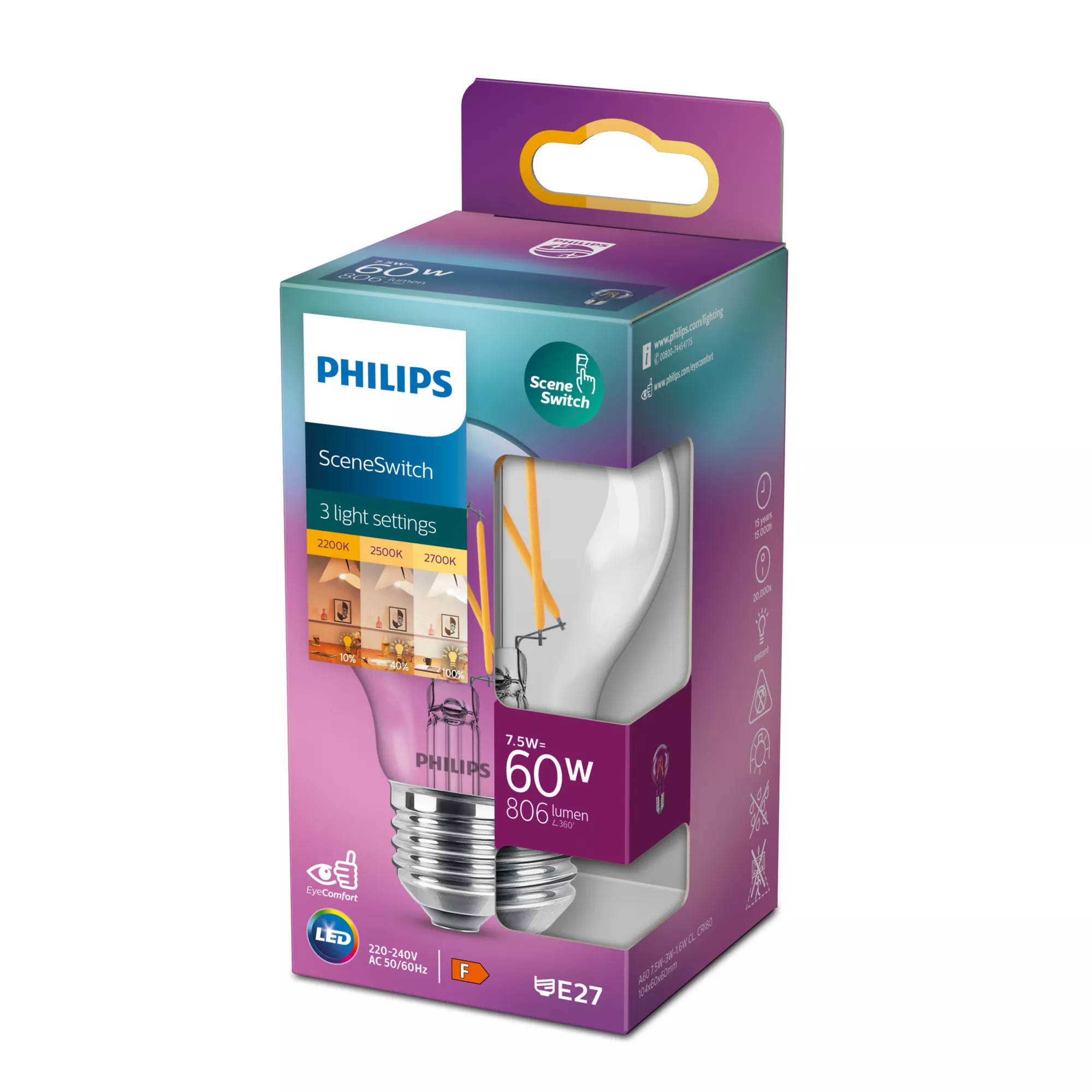 Philips LED-lamppu Classic Standard SceneSwitch 7.5W/822-827 (60W) Clear E27