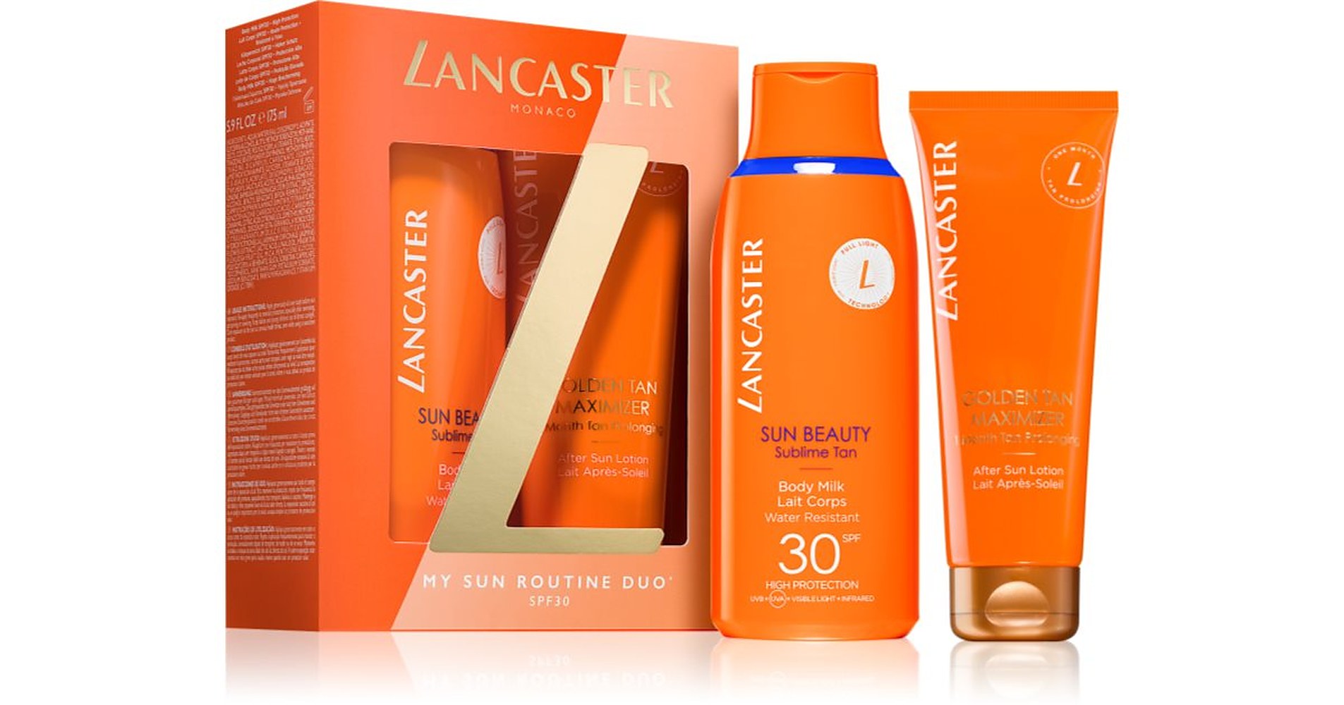 Lancaster Aurinko Beauty Naisten lahjasetti rusketusmaito SPF 30 175 ml + rusketusta pidentää vartalomaito 125 ml