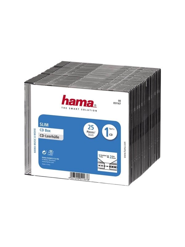 Hama CD Slim Box, black, pack of 25 pcs, 1 levyt, Musta, Muovi, 143 mm, 130 mm, 125 mm