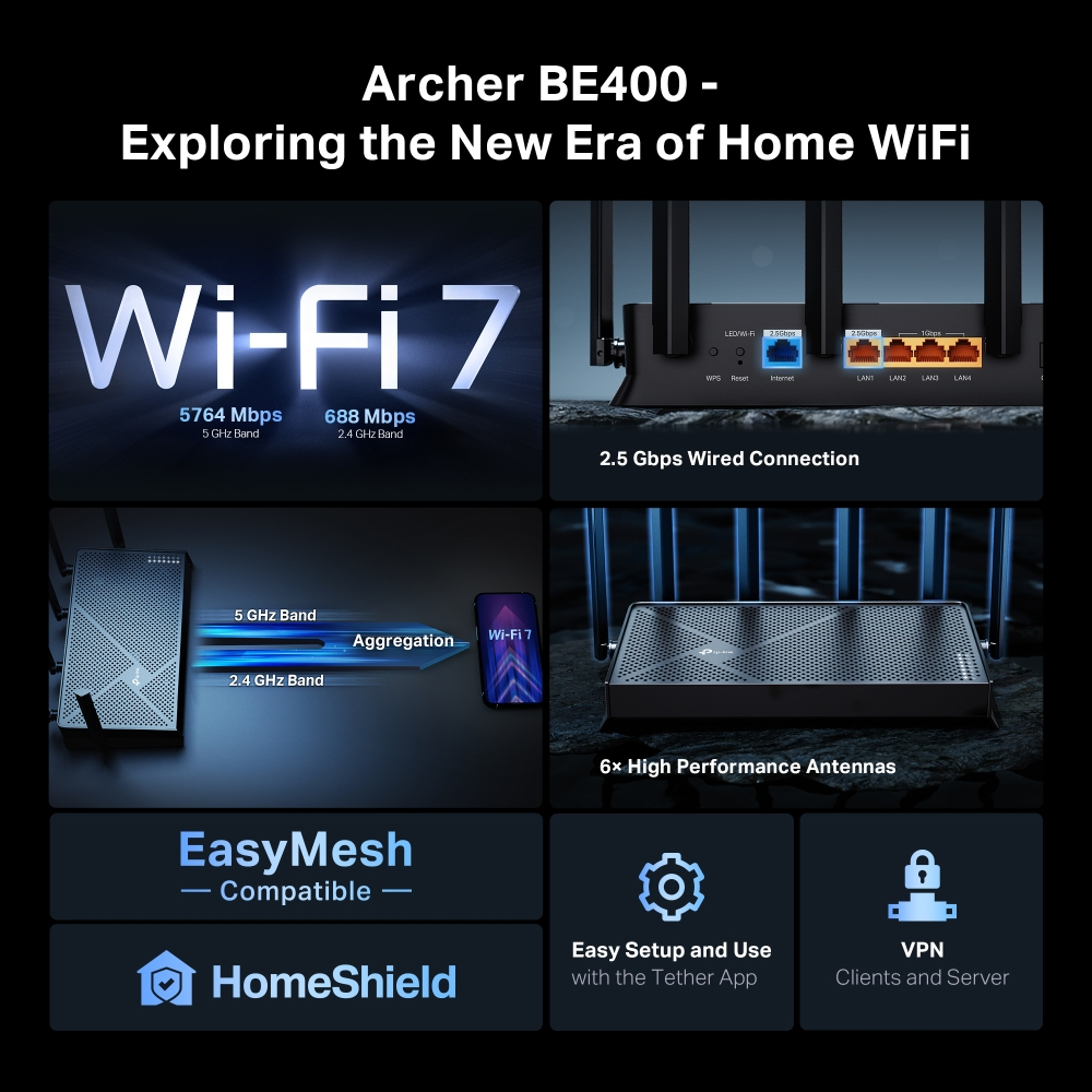 TP-Link Archer BE400 -reititin, Wi-Fi 7, Dual-band, 2,5G WAN -portilla, musta