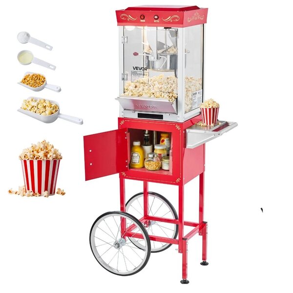 VEVOR Popcorn Machine with Cart, 0.2kg Stainless Steel Kettle, 800W Commercial Popcorn Maker, 48 Cups per Batch Theater Style Popper, with 2-Button Control Glass Wall PC Door 1 Scoop 3 Spoons, Red