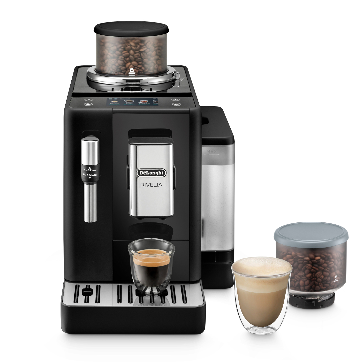 De’Longhi Rivelia EXAM440.35.B, Espressokone, 1,4 L, Kahvipavut, Jauhettu kahvi, Sisäänrakennettu jauhin, 1450 W, Musta