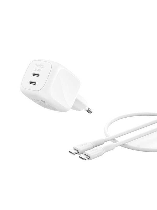 Belkin BoostCharge Pro 50W Dual USB-C GaN - Seinälaturi, Valkoinen
