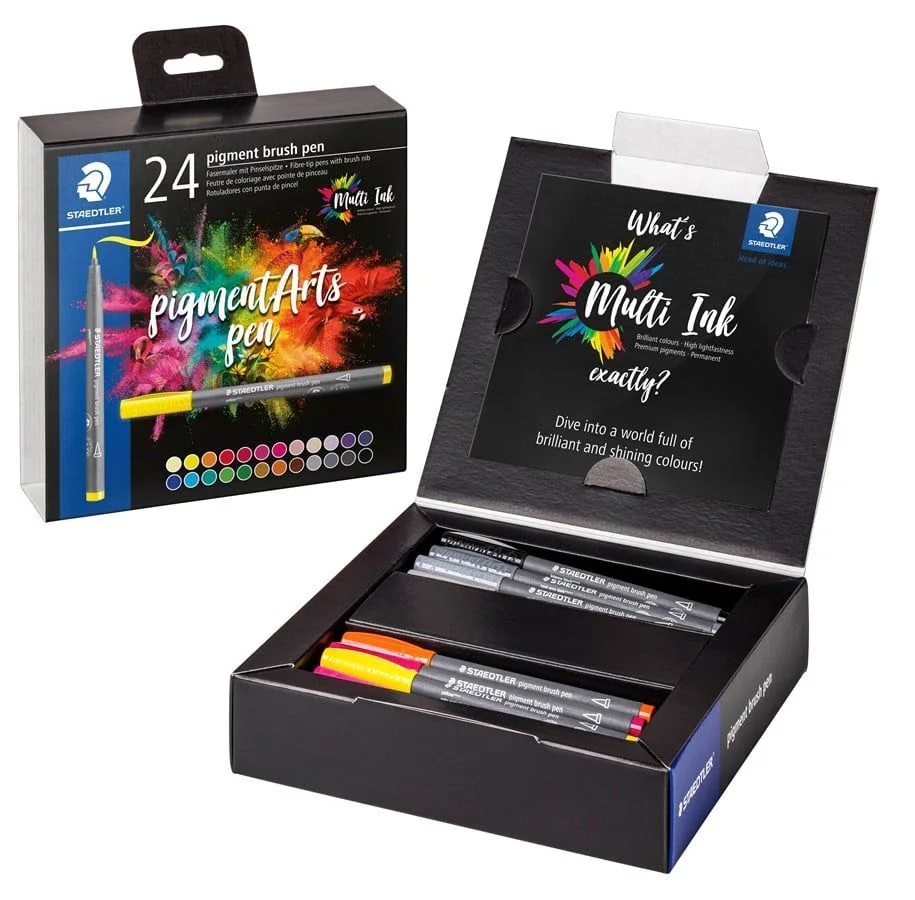 Staedtler Pigment Arts Brush Pen, 24 väriä, Monivärinen, Pyöreä, Muovi, Polypropeeni (PP), Vesipohjainen muste, Aikuiset & Lapset