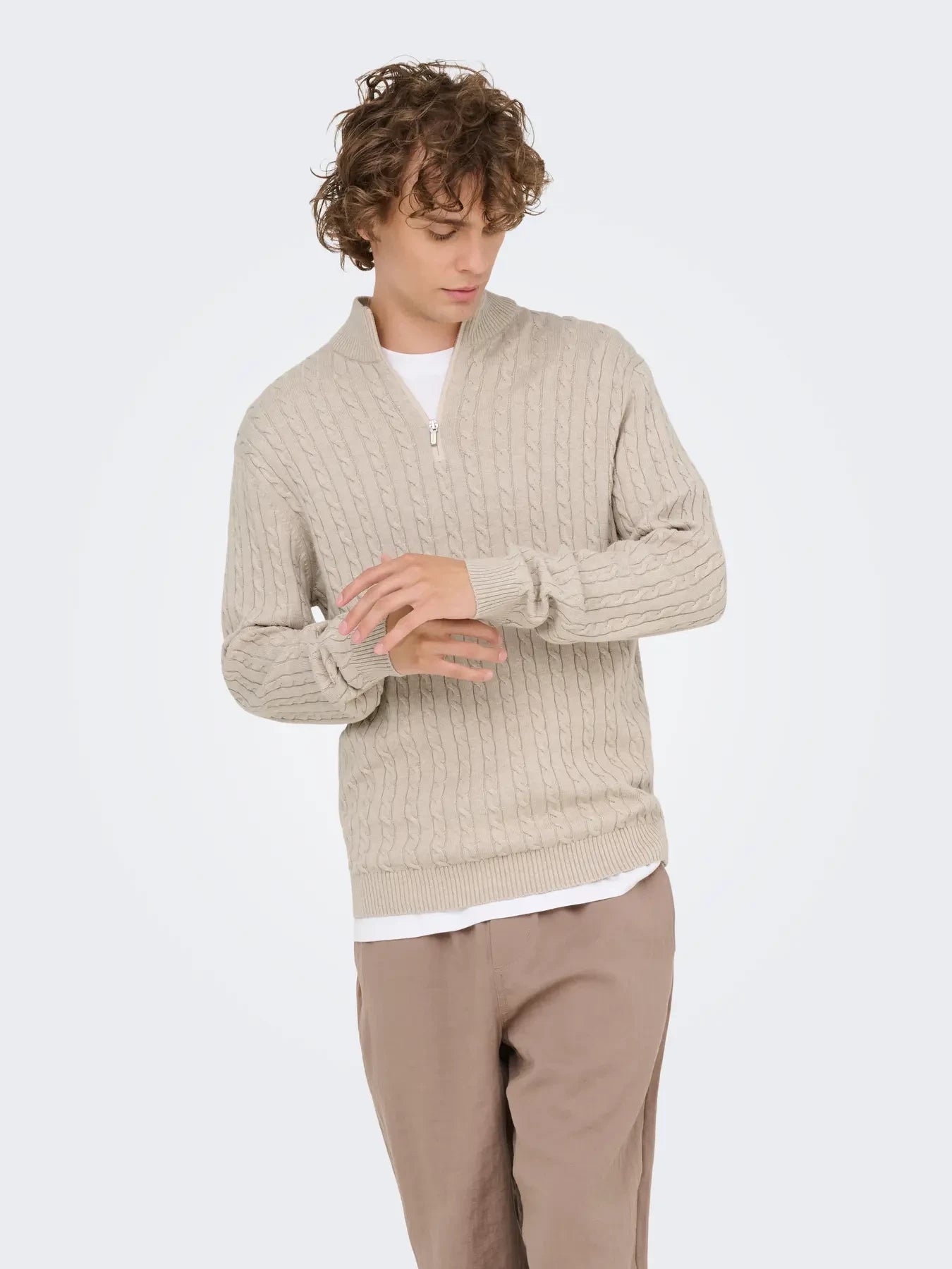 Only and Sons miesten neulepusero ONSLOUI CABEL HALF ZIP KNIT, Oatmeal Melange