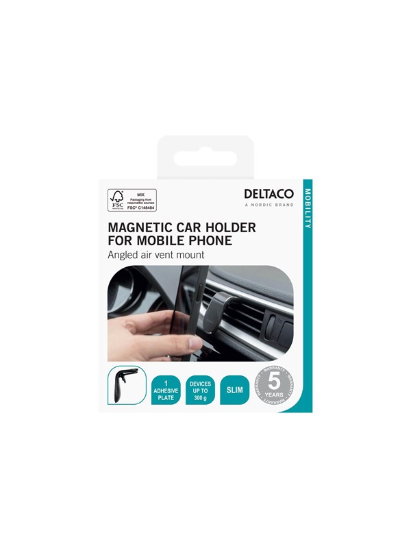 DELTACO magnetic car holder, angled air vent mount, for mobile, black