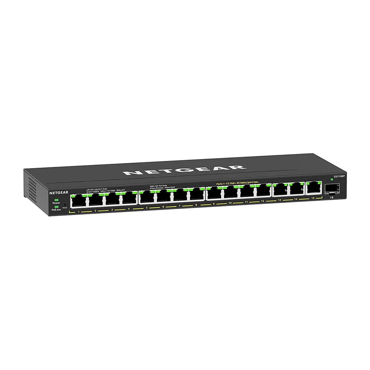 NETGEAR GS316EP-100PES - 16-porttinen hallittava Gigabit Ethernet Power over Ethernet Plus -kytkin, Musta