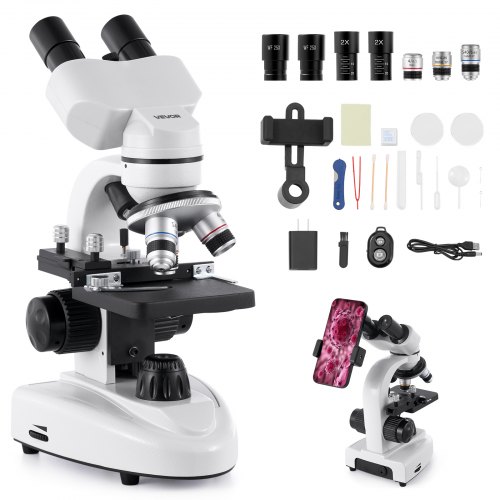 VEVOR Binocular Microscope for Adult, Professional Compound Microscope Kit with 40-2000X Magnification, Aluminum Alloy Body, Includes LED Light and Phone Holder, for Lab, School, Home, Education