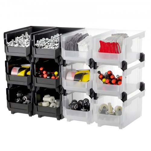 VEVOR Plastic Stackable Storage Bins, 37.7 x 21.5 x 18 cm (12 Pack), Plastic Containers for Organizing & Storage Bins for Garage, Small Parts, Office Supplies, Other Accessories, Black & Transparent