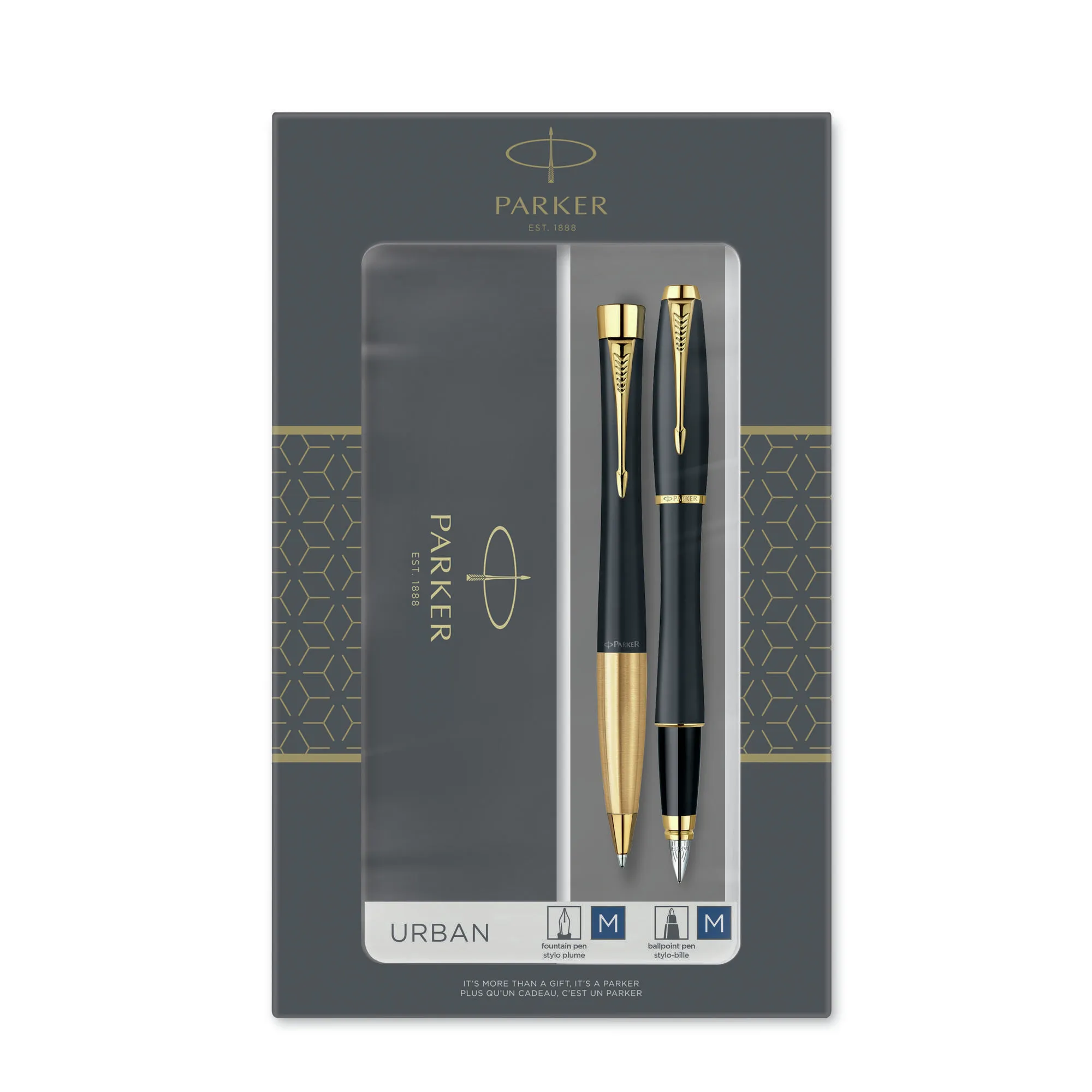 Parker Urban Duo Gift Set with Ballpoint Pen & Fountain Pen | Muted Black with Gold Trim | Blue Ink Refill & Cartridge
