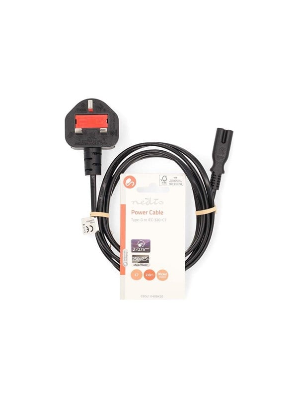 Nedis UK Virtakaapeli | UK Uros | IEC-320-C7 | 2.00 m | Kyllä | 2 x 0.75 mm2 | Kupari | Pyöreä | Niklattu | UK | PVC | Virtapistoke: UK / Type G | 250 V AC | 3 A | Musta