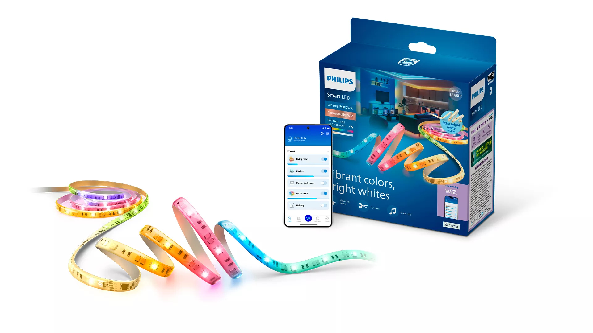 Philips RGBICWW-valonauha, 10 m, tyyppi C, Älyvalonauha, Wi-Fi/Bluetooth, Valkoinen, Wi-Fi 4 (802.11n), 802.11b, 802.11g, LED, Muovi