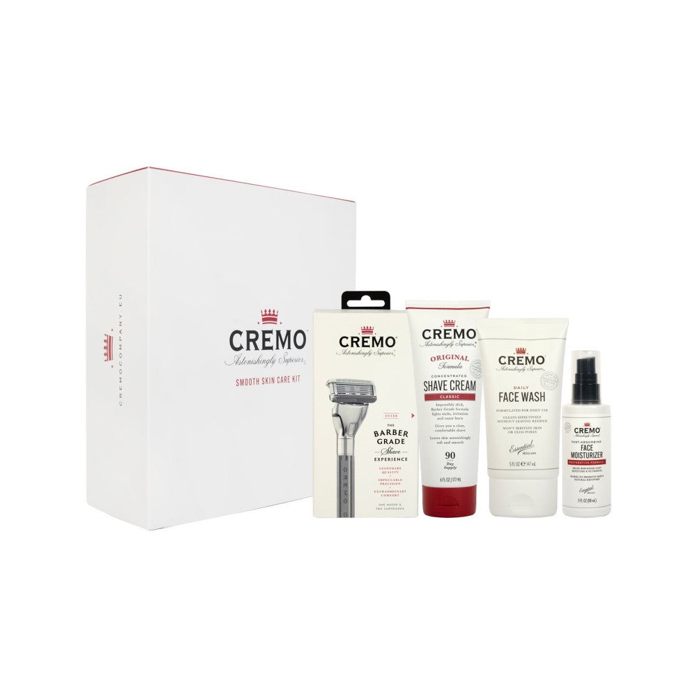 Cremo Smooth Skincare -lahjasetti miesten partaveitsille + parranajovoide 177 ml + kasvojen puhdistava saippua miehille 147 ml + kosteuttava, uudistav