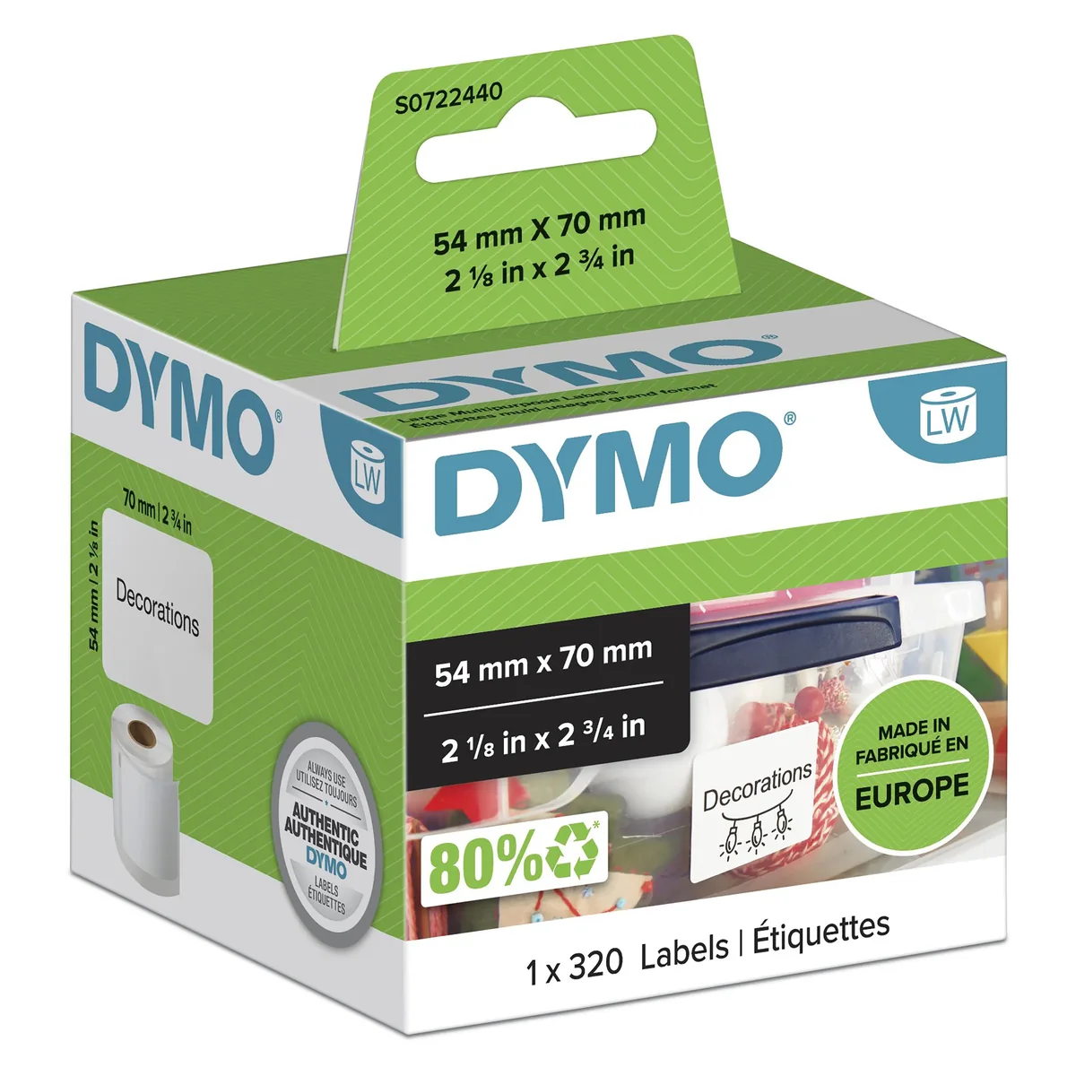 DYMO LW Monikäyttöiset tarrat, 54mm x 70mm, rullassa 320 kpl helppokäyttöistä tarraa, itseliimautuva, LabelWriter-tarratulostimille, aito
