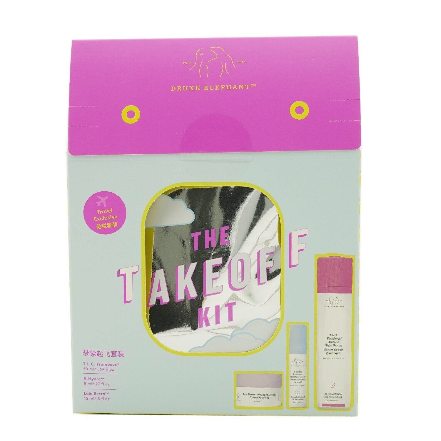 Sarja Drunk Elephant: TLC Framboos Glycolic Refining Night Face Serum 50 ml + B-Hydra Intensive Hydrating Face Serum 8 ml + Lala Retro Recovery -kasvo