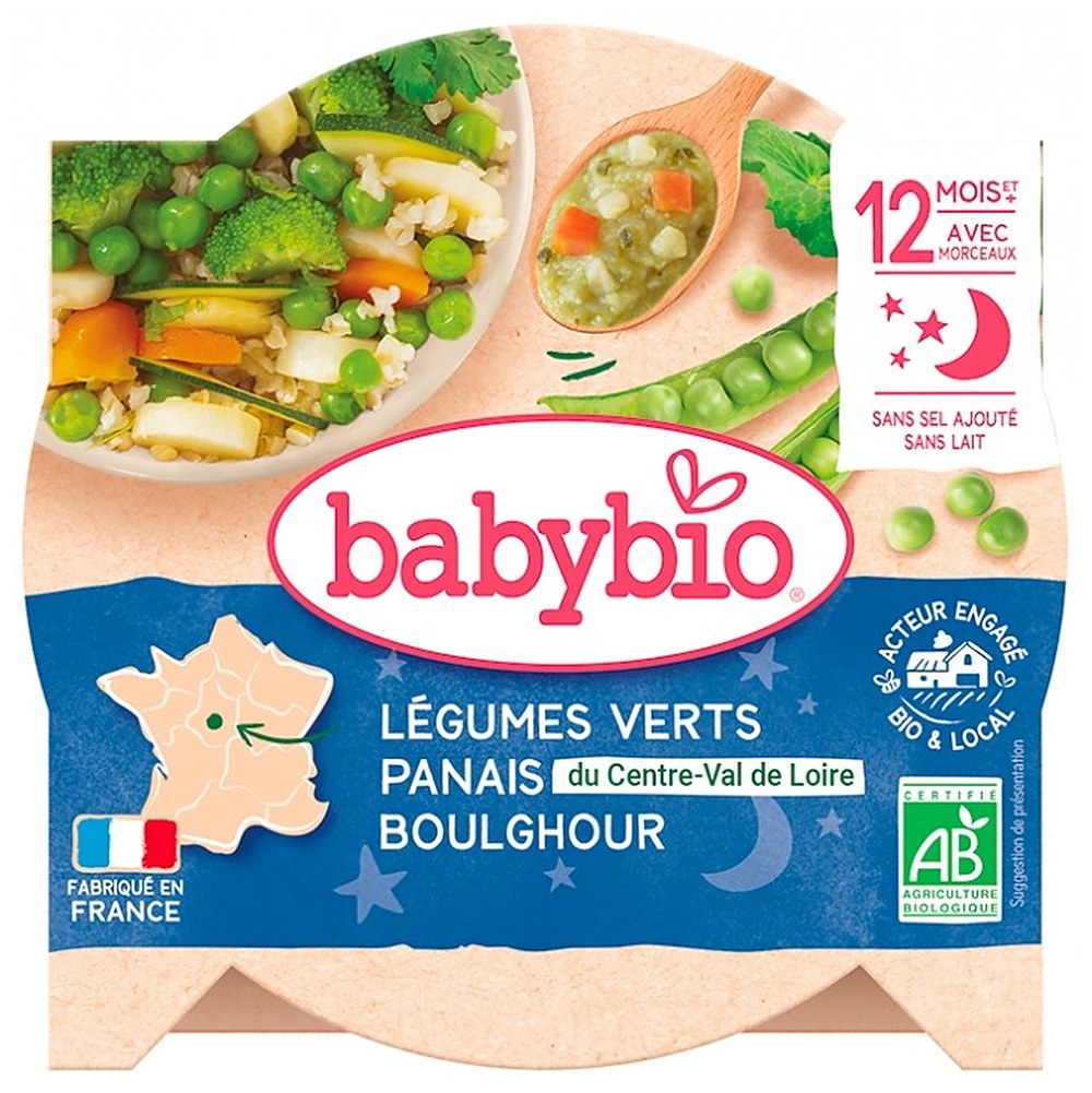 Babybio Illallinen - 12 kuukautta ja yli - Vihreät vihannekset, pasta, bulgur - LUOMU 230 g