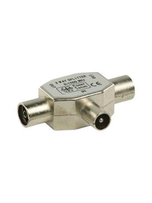 Satelliitti- ja antenni-sovitin | IEC (Coax) Uros | 2x koaksiaali naaras | Niklattu | 75 Ohm | T-jakaja | Metalli | Hopea | 1 kp