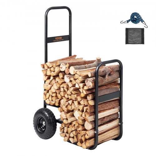 VEVOR Firewood Log Cart, 113.4 kg Load Capacity, Outdoor and Indoor Wood Rack Storage Mover with Pneumatic Rubber Wheels, Heavy Duty Steel Dolly Hauler, Firewood Carrier for Fireplace, Fire Pit, Black