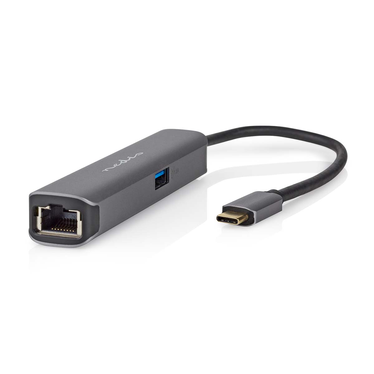 Nedis USB N Moniporttisovitin | 4-in-1 | USB 3.2 Gen 1 | USB-CTM Uros | HDMITM Ulostulo / RJ45 Naaras / USB-A Naaras / USB-CTM Naaras | 5 Gbps | 0.20 m | Pyöreä | Kullattu | PVC | Antrasiitti | Laatikko